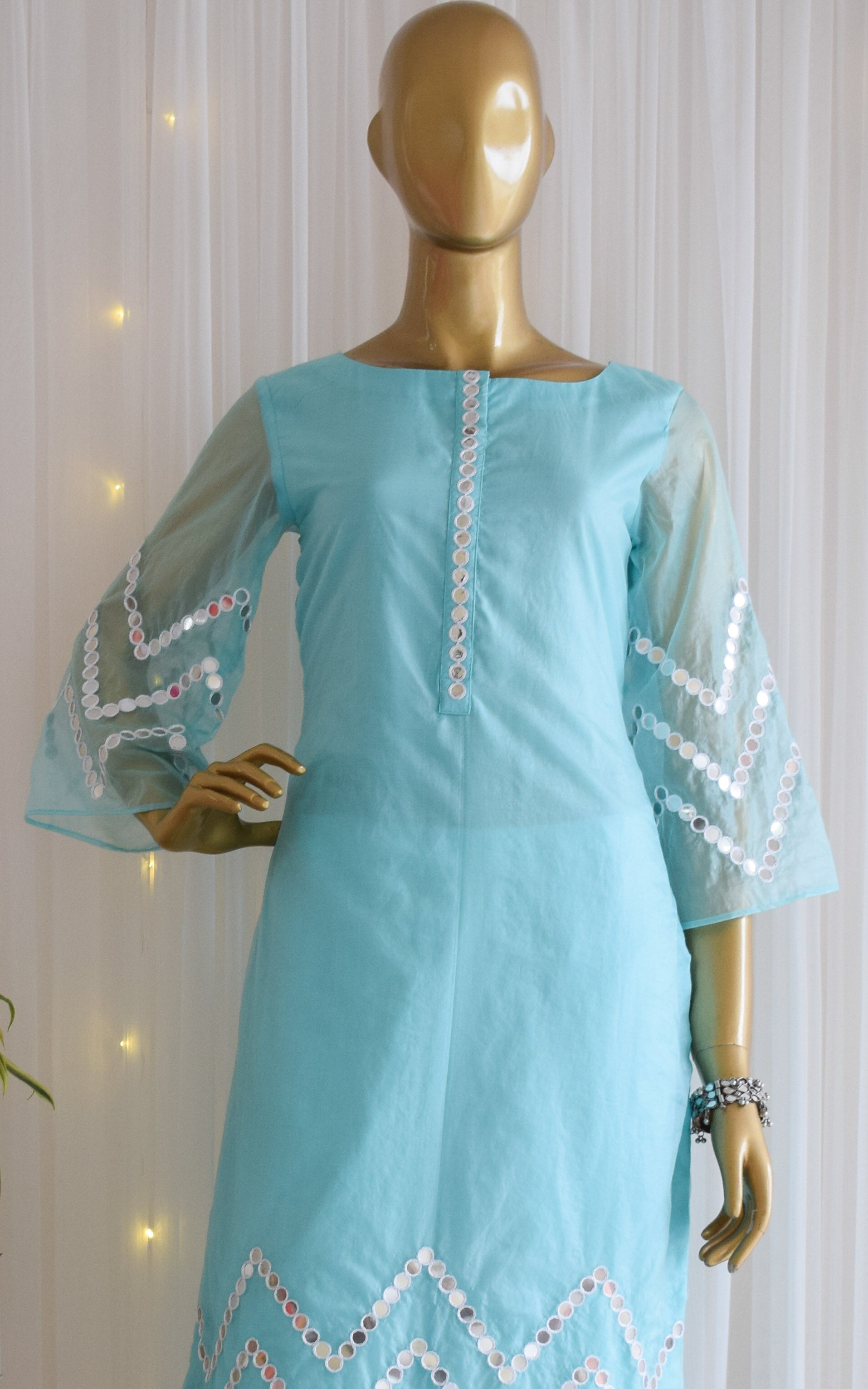 Sky Blue Mirrorwork Organza Kurta Set